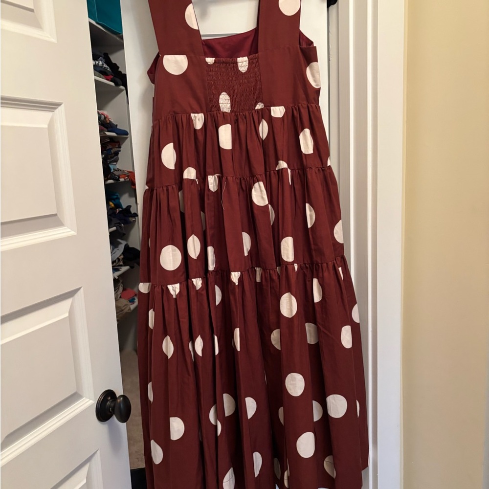 Anthropologie Rust Red and White Polka Dot Tiered Maxi Dress - Picture 3 of 4